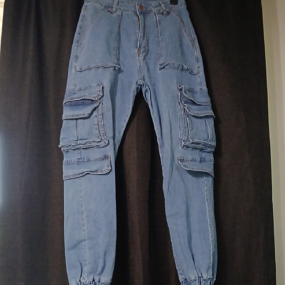SHEIN Light Blue Women's Slim Cargo Jeans